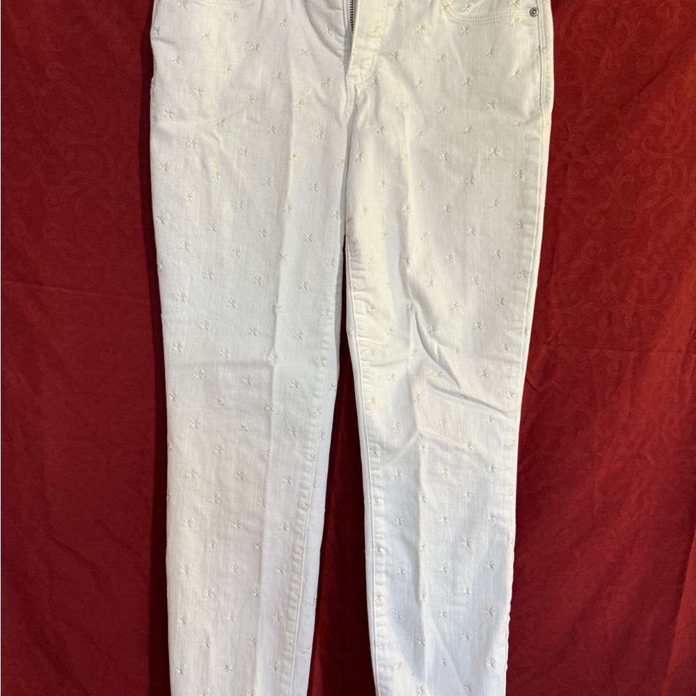 NYDJ Marilyn Ankle Jeans White Embroidered Lift Tuck Slimming Denim Size 4